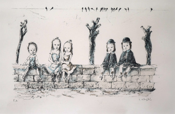 藤田嗣治「塀の上でー子供たちとツバメ」リトグラフ　作品全体拡大画像