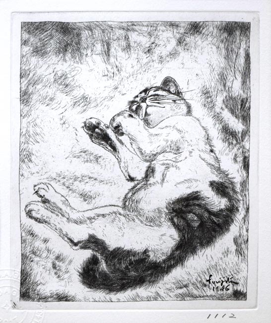 藤田嗣治「猫（未発表作）」エッチング（銅版画）　作品全体拡大画像
