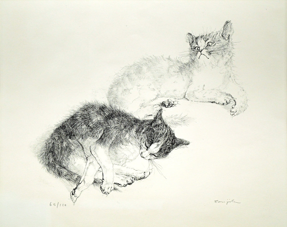 藤田嗣治「二匹の猫」リトグラフ　作品全体画像