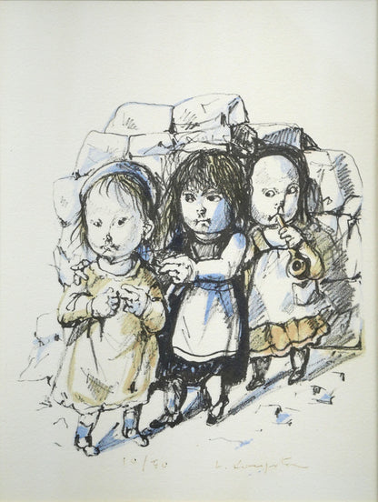 藤田嗣治「三人の女の子」リトグラフ　作品全体画像