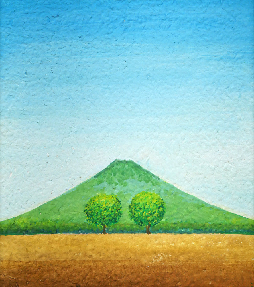 府川誠「二本の木」肉筆油彩画・色紙サイズ　作品全体画像