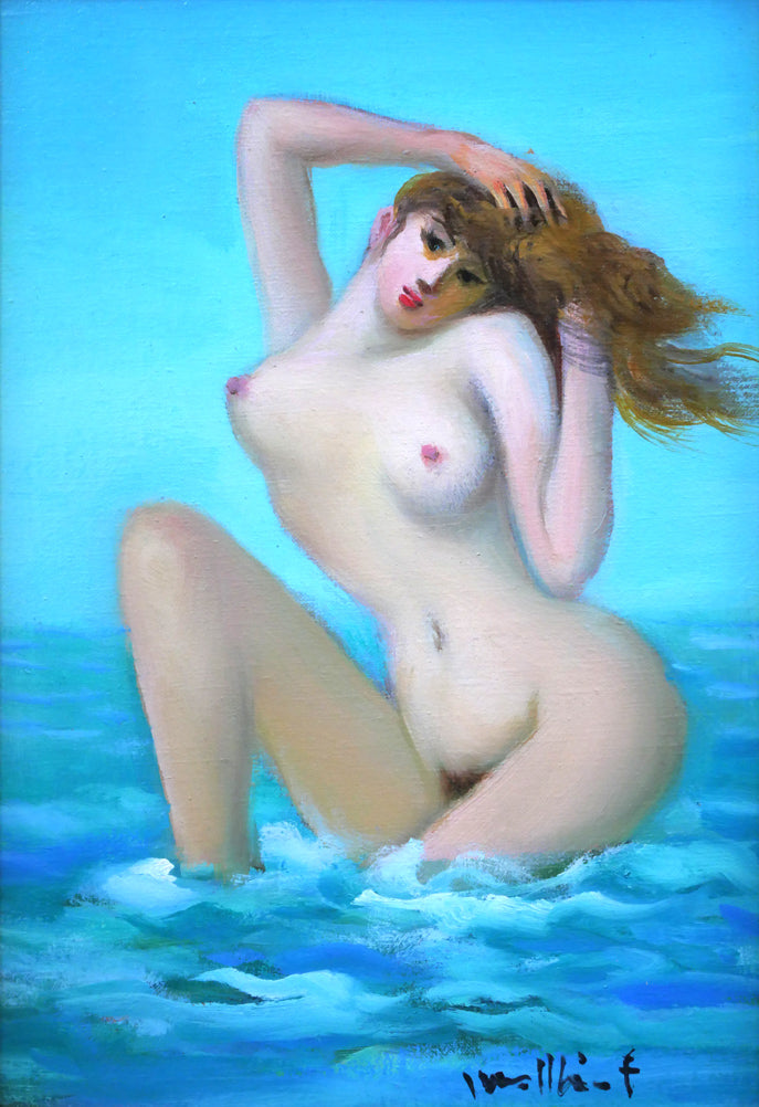 古沢岩美「海（裸婦）」油絵・SM　作品全体拡大画像