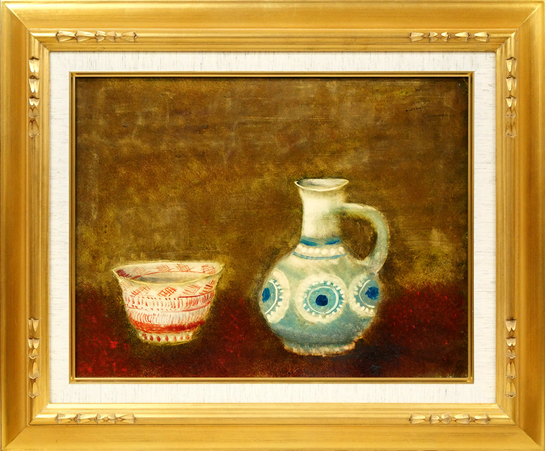 冬島大二郎「伊万里　壺と茶碗」油絵・F6号