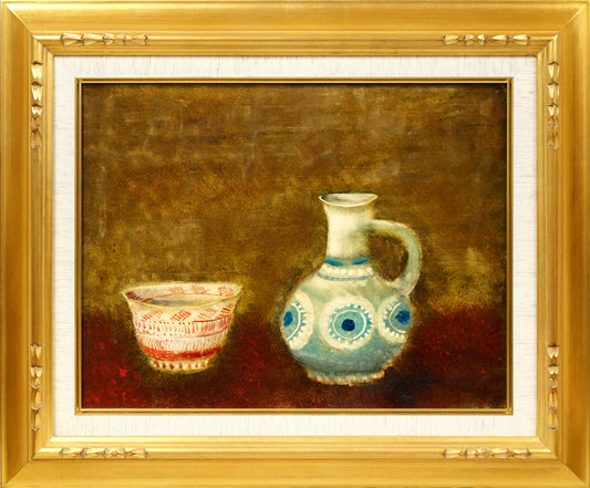 冬島大二郎「伊万里　壺と茶碗」油絵・F6号