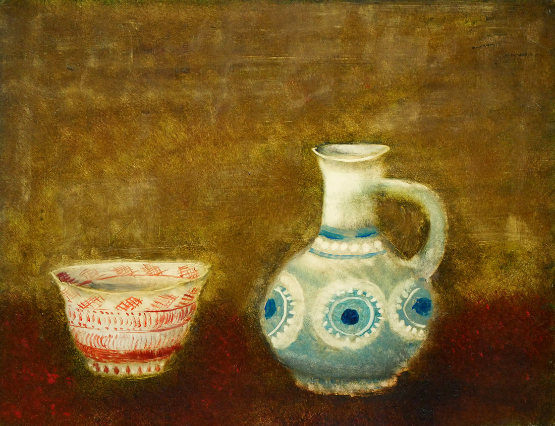 冬島大二郎「伊万里　壺と茶碗」油絵・F6号　作品全体画像