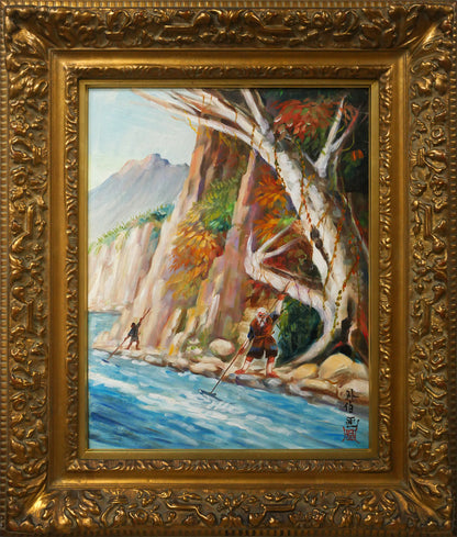 外伯「アイヌ鮭漁」油絵・F6号