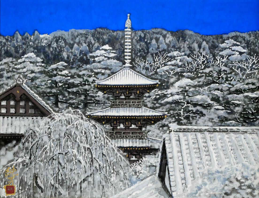 後藤純男「雪后塔映」日本画・P10号　作品全体画像