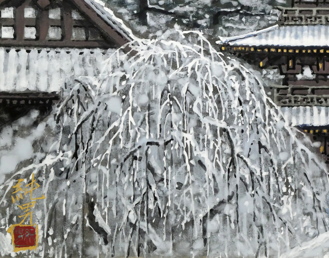 後藤純男「雪后塔映」日本画・P10号　拡大画像3