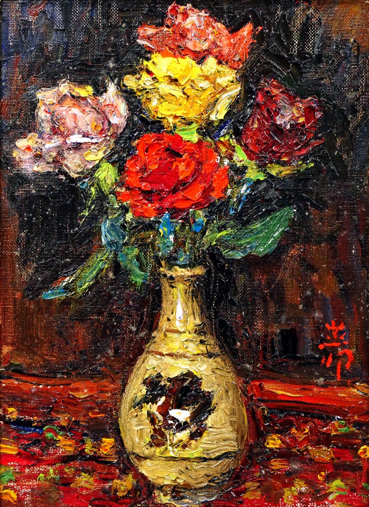 萩谷巌「静物（薔薇）」油絵・F4号　作品全体画像