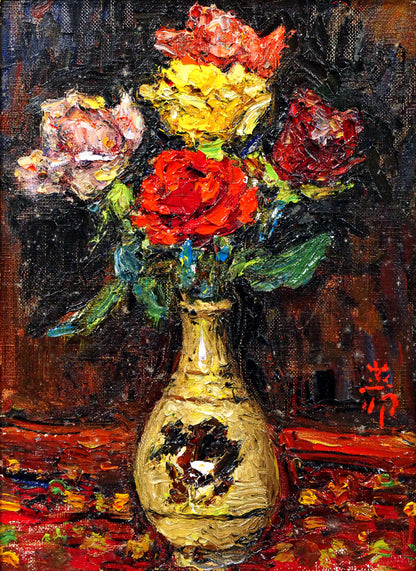萩谷巌「静物（薔薇）」油絵・F4号　作品全体画像