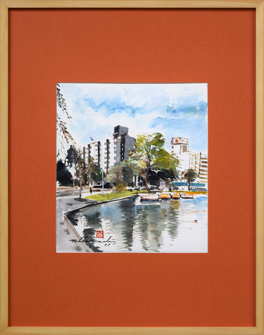 浜田泰介「中島公園よりカサ・ウィスタリアを望む」水彩画・色紙