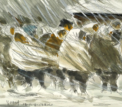 原義行「吹雪の中で宝くじを買う人々（五所川原にて）」水彩画・3号　作品全体画像