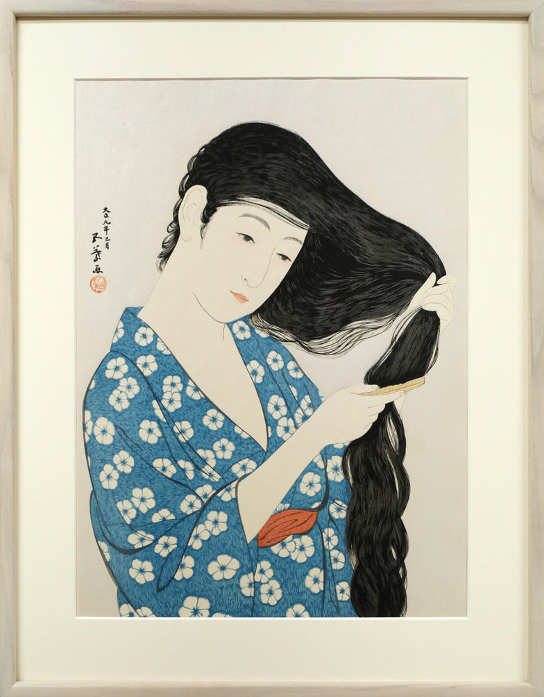 橋口五葉「髪梳ける女」木版画（雲母摺り）