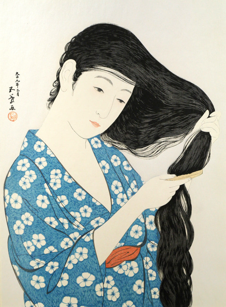 橋口五葉「髪梳ける女」木版画（雲母摺り）　作品全体画像