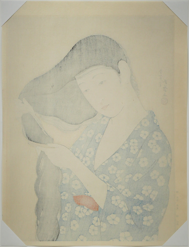 橋口五葉「髪梳ける女」木版画（雲母摺り）　作品シート裏側画像