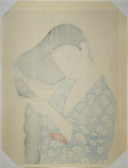 橋口五葉「髪梳ける女」木版画（雲母摺り）　作品シート裏側画像