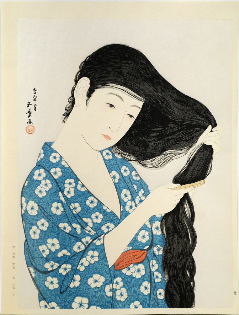 橋口五葉「髪梳ける女」木版画（雲母摺り）　作品シート全体画像