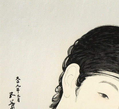 橋口五葉「髪梳ける女」木版画（雲母摺り）　拡大画像1