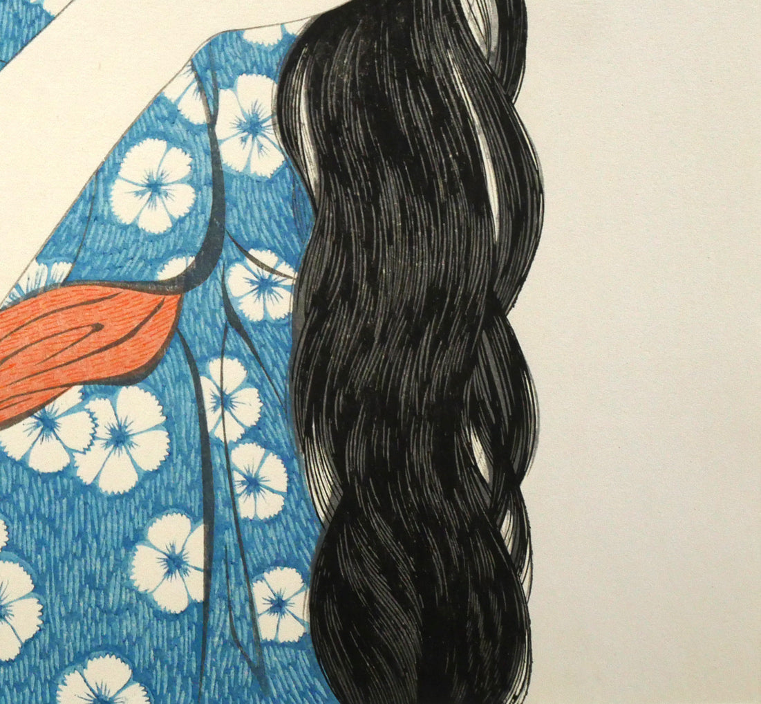 橋口五葉「髪梳ける女」木版画（雲母摺り）　拡大画像6