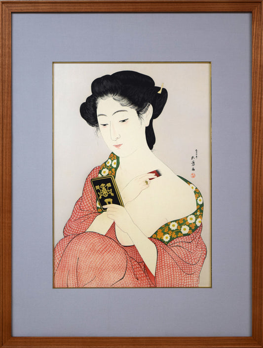 橋口五葉「化粧の女」木版画（雲母摺り）