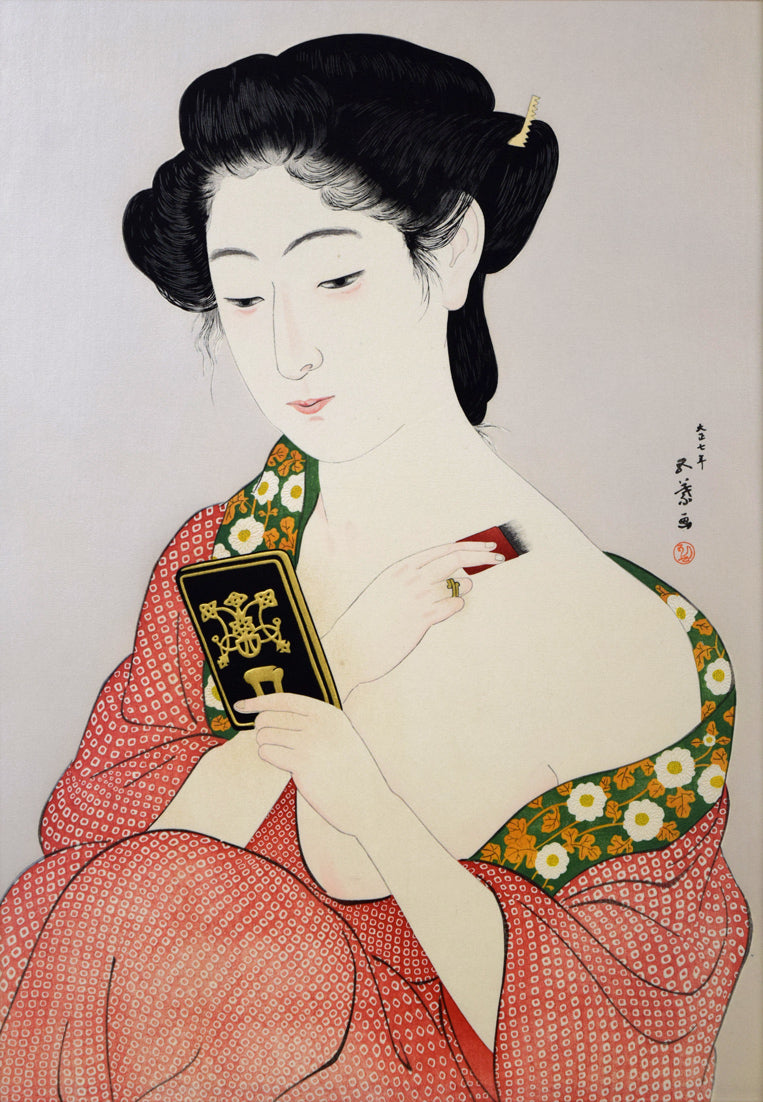 橋口五葉「化粧の女」木版画（雲母摺り）　作品全体画像