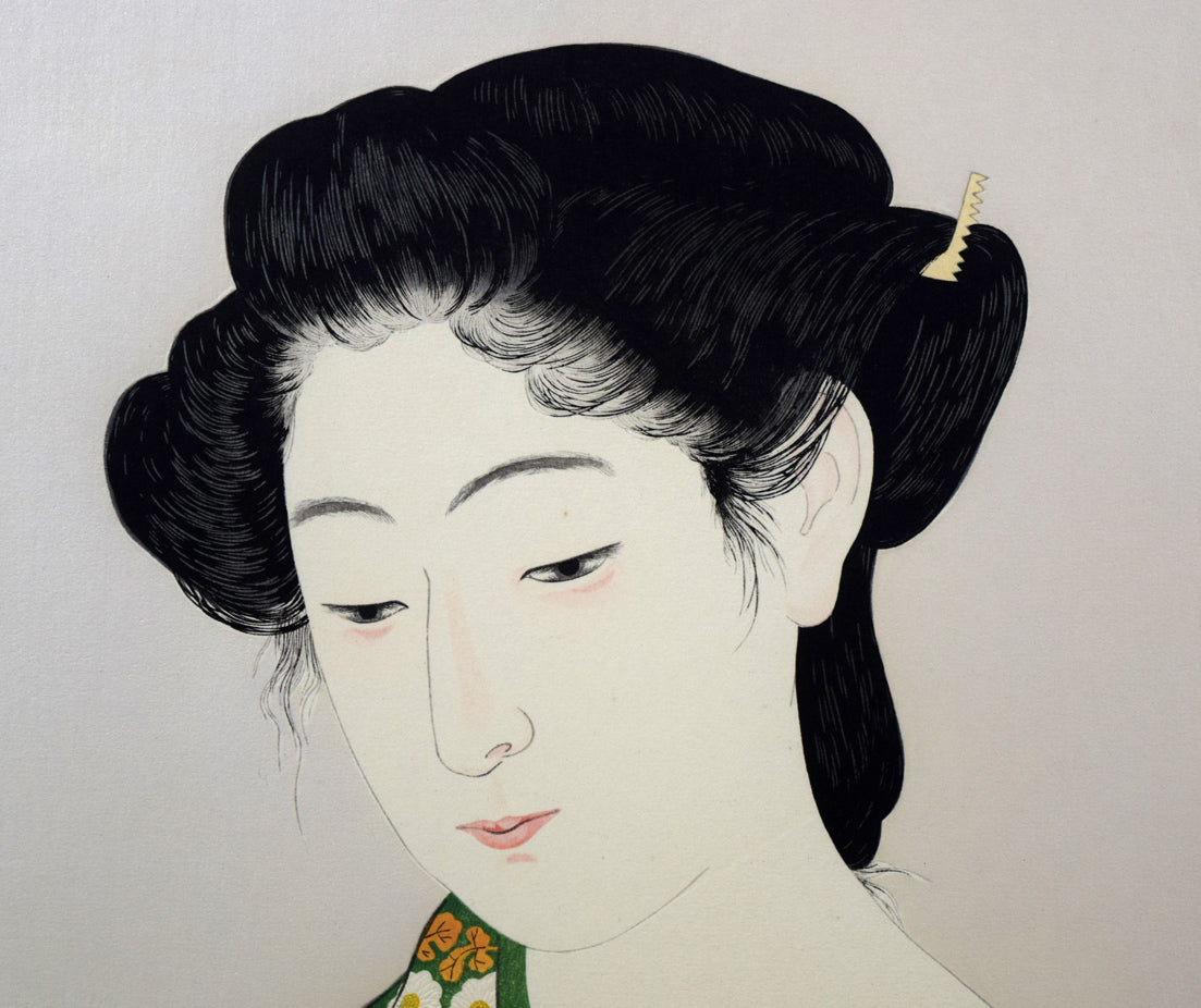 橋口五葉「化粧の女」木版画（雲母摺り）　拡大画像1