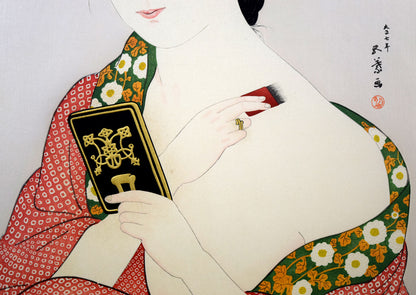 橋口五葉「化粧の女」木版画（雲母摺り）　拡大画像2