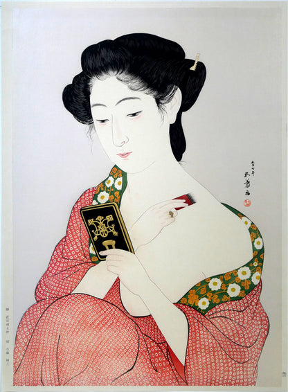 橋口五葉「化粧の女」木版画（雲母摺り）　作品シート全体画像