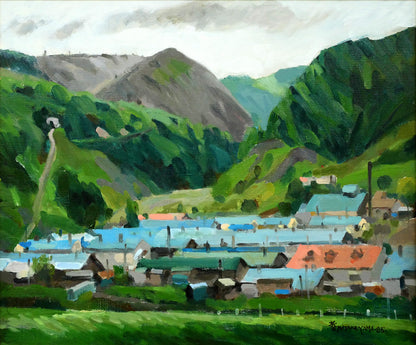 畠山哲雄「硑山（ズリ山）の部落・夏」油絵・F8号　作品全体画像
