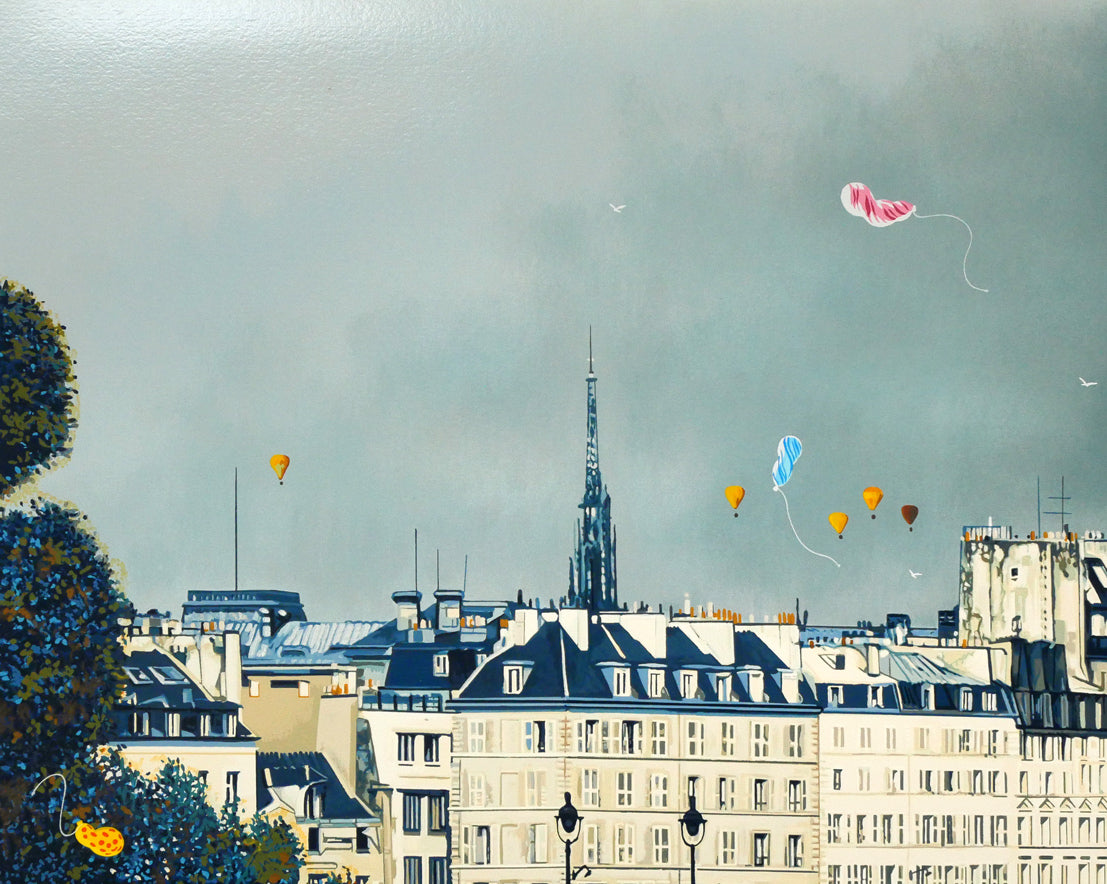 山形博導（ヒロヤマガタ）「キャッツ　オン　セーヌ（リマーク版）」シルクスクリーン版画　拡大画像1