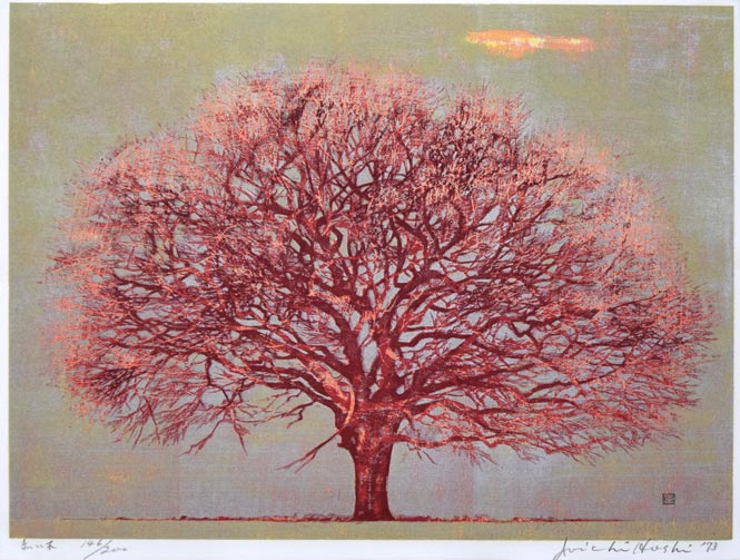 星襄一「赤い木」木版画　作品全体拡大画像