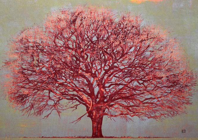 星襄一「赤い木」木版画　拡大画像1