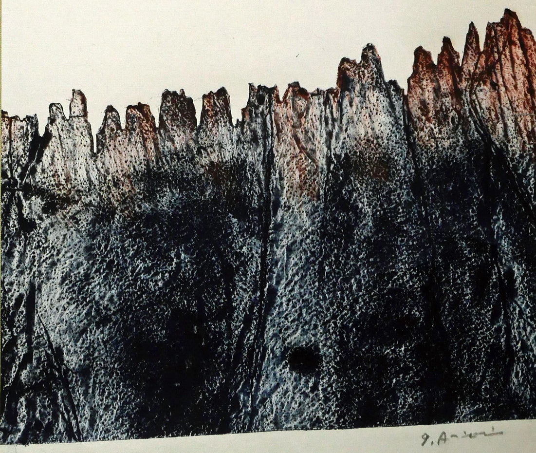 一原有徳「赤岩山（小樽）」俳句肉筆書とモノタイプ（一点物銅版画）掛軸　拡大画像2
