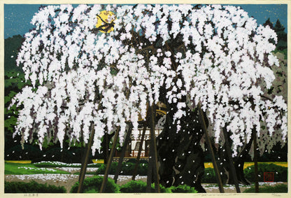 井堂雅夫「桜花春宵」木版画　作品全体画像