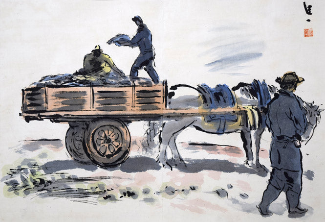 居串佳一「荷馬車風景」水彩画・8号　作品全体拡大画像
