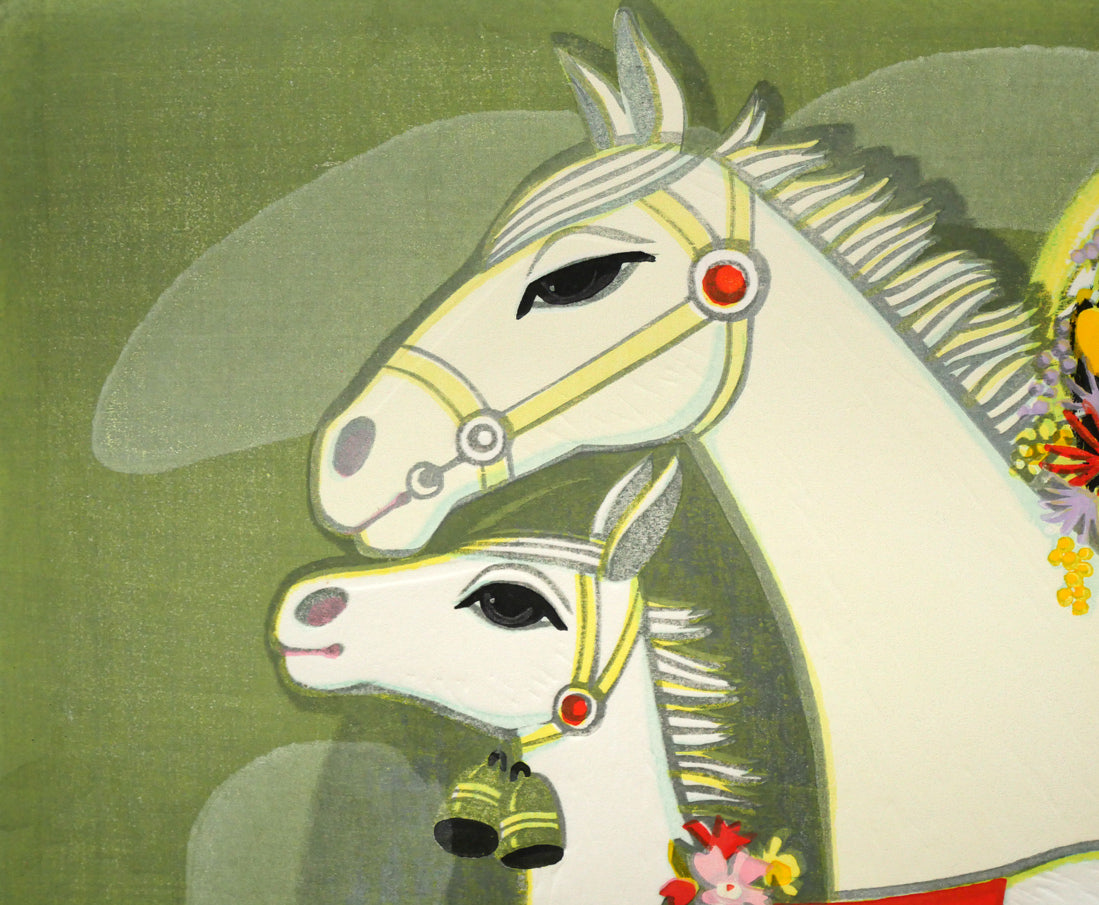 池田修三「おんまのおやこ」木版画　拡大画像1