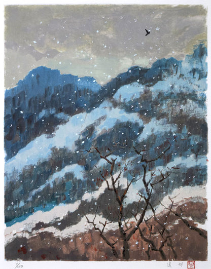 池田遙邨「春雪」リトグラフ　作品全体画像