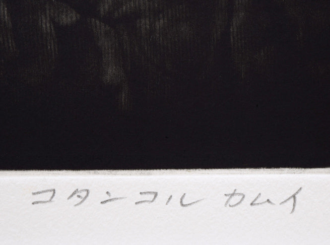 生田宏司「コタンコルカムイ（シマフクロウ）」銅版画（メゾチント）　タイトル拡大画像