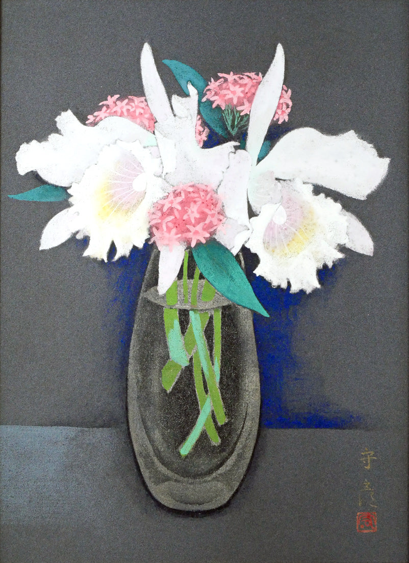 今井守彦「瓶花（カトレヤ）」日本画・P8号　作品全体画像