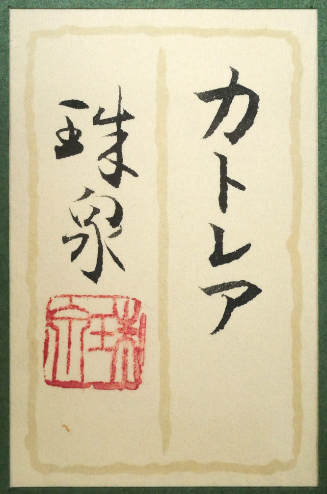 今井珠泉「カトレア」日本画・F6号　額裏拡大画像1（共シール）