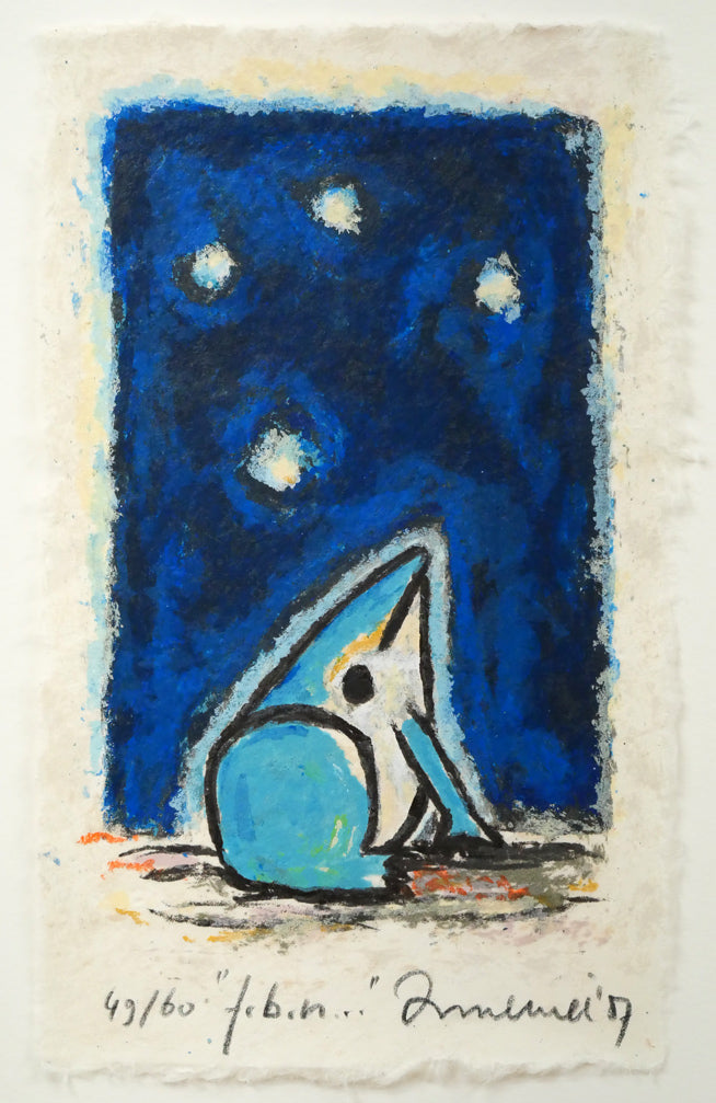 ハンス　イヌメ（HANS　INNEMEE）「夜のカエル」シルクスクリーン版画に手彩　作品全体画像