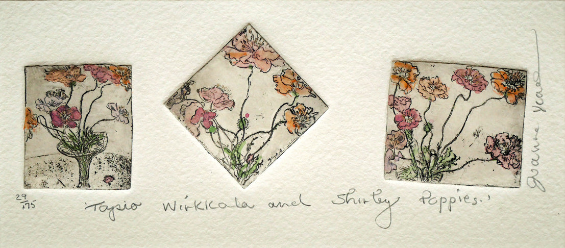 ジョアン　アイザック（Joanne　ISAAC）「Tapio　Wirkkala　and　Shirley　Poppies」銅版画に手彩色　作品全体画像