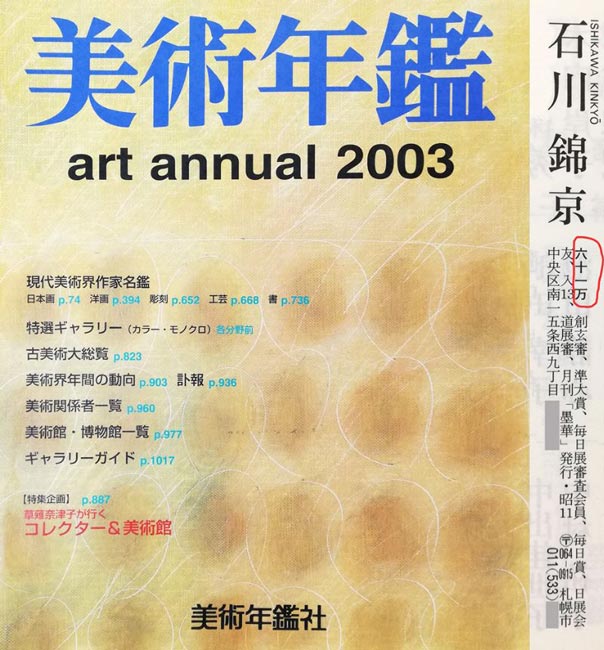 石川錦京「針箱を　春の薄闇　くれば閉づ」ろうけつ染め書額装　2003年美術年鑑掲載内容
