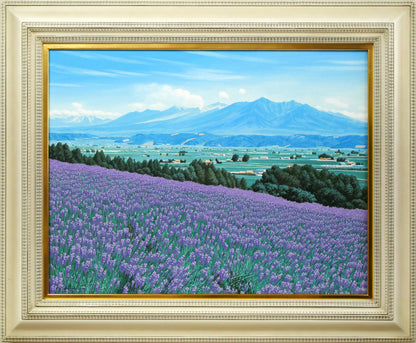石川雄一「ラベンダーと十勝岳（富良野）」油絵・P15号