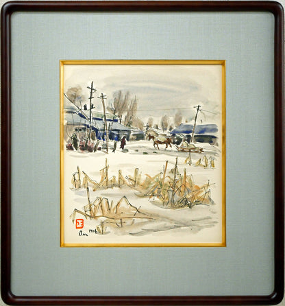 伊藤正「馬橇のある風景」水彩画