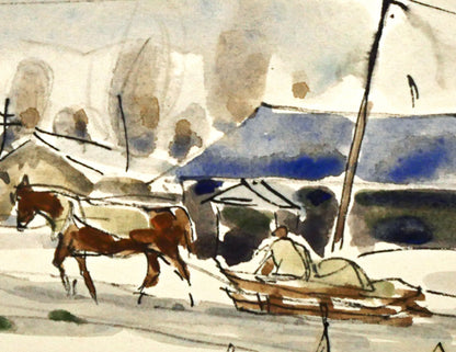 伊藤正「馬橇のある風景」水彩画　拡大画像6