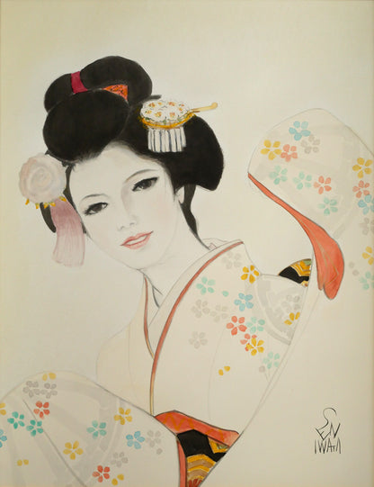 岩田専太郎「初姿」水彩画・6号　作品全体画像