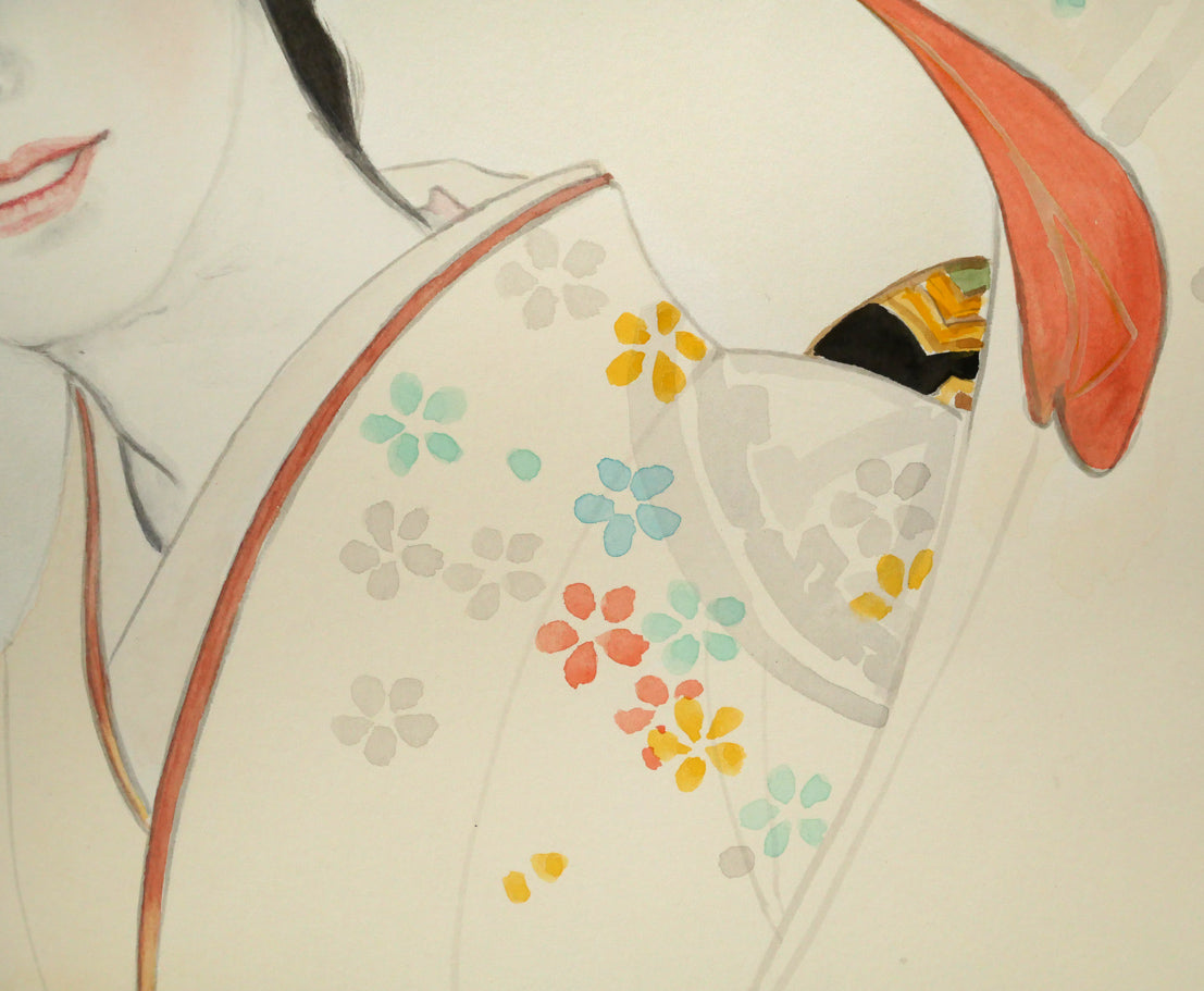 岩田専太郎「初姿」水彩画・6号　拡大画像3