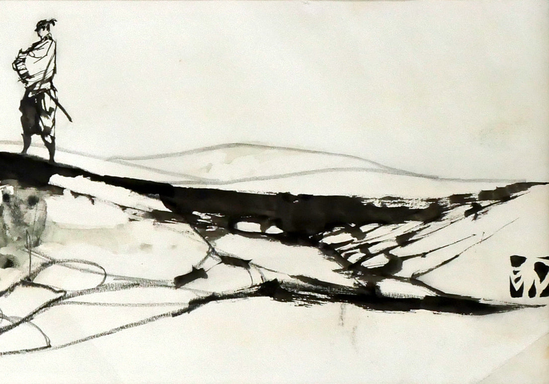 岩田専太郎「挿絵原画カット（横長）」水墨画・10号　拡大画像3