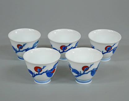 十四代酒井田柿右衛門「染錦柿文煎茶碗（5点1組）」共箱　全体画像1